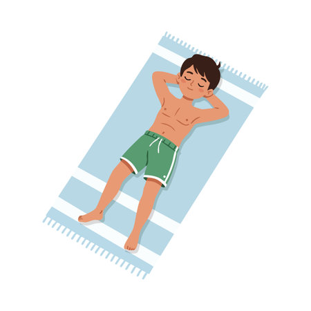 Young boy lies on light blue towel with eyes closed, hands behind head, enjoying rest and calm mood in summer setting.のイラスト素材
