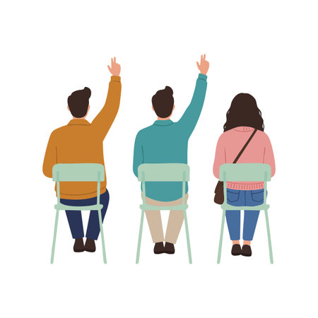 Illustration shows three people sitting on chairs with raised hands in casual wear, viewed from behind, presenting attentive and engaged scene. Calm mood.のイラスト素材