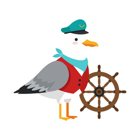 Vector illustration of a seagull captain wearing a blue hat and red vest steering a ship wheel, nautical and playful style, cheerful mood.のイラスト素材