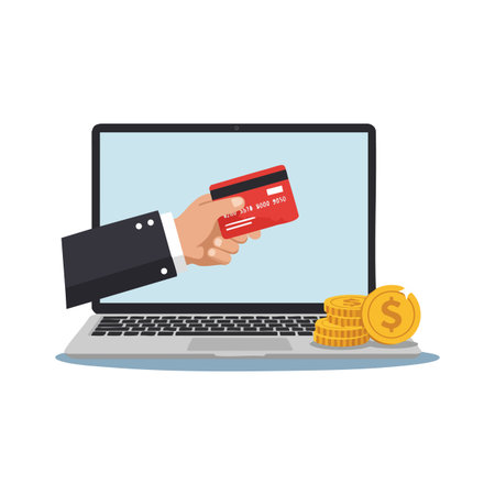 Vector image shows hand holding red credit card from laptop screen with gold coins stacked nearby, representing online payment and digital finance concept, modern and professional.のイラスト素材