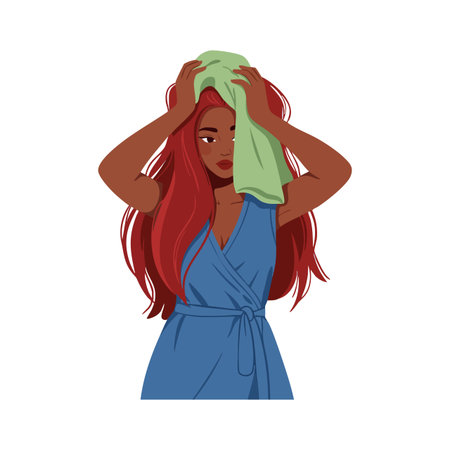 Illustration shows a woman with long red hair drying her face with a green towel, dressed in a blue robe, conveying calm and relaxation.のイラスト素材