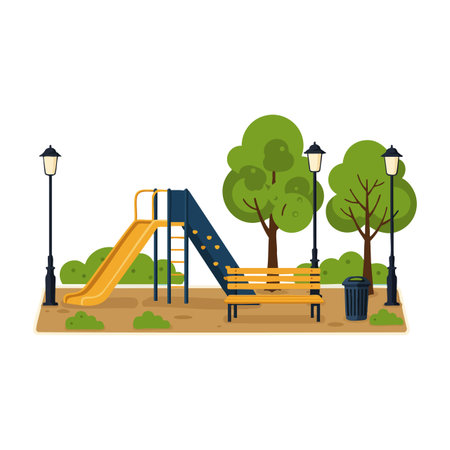 Vector illustration of a playground slide beside a bench surrounded by trees, street lamps, and a...