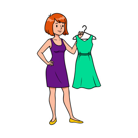 Woman stands confidently holding a green dress on a hanger, wearing a purple dress and yellow shoes, showing fashion choice and style. Cheerful mood.のイラスト素材