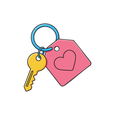 Vector illustration of a yellow key attached to a pink heart-shaped tag on a blue ring, representing...