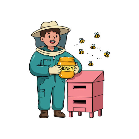 Cartoon beekeeper in protective suit holding a jar of honey next to a pink beehive with bees flying...