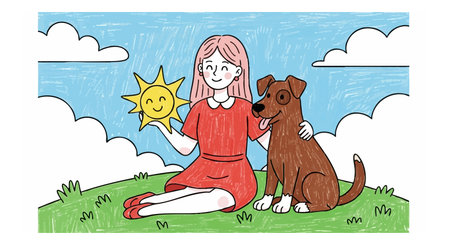 Girl in red dress sits on grass with happy brown dog, holding a smiling sun under blue sky with clouds, cheerful and friendly mood.のイラスト素材