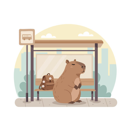 Capybara sits patiently at a bus stop in a city environment with a backpack beside it, evoking a calm and peaceful mood.のイラスト素材