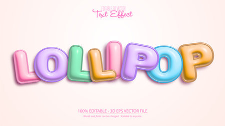 Vector image showing colorful lollipop text effect with glossy balloon style letters in bright pastel colors creating a cheerful and playful typography design. Joyful mood.のイラスト素材