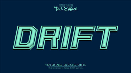 This vector features a drift text effect with 3D style in neon blue and green colors on a dark background, perfect for modern and retro designs. Vibrant and dynamic mood.のイラスト素材