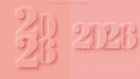 This vector illustration presents a stylish 2026 happy new year greeting card in soft pink tones with elegant typography and a smooth embossed effect, creating a festive and modern mood.のイラスト素材