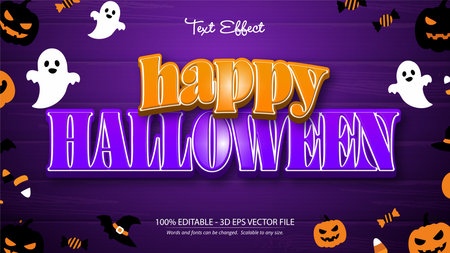 Halloween text effect features vibrant orange and purple colors with spooky ghosts, pumpkins, and bats on a dark background. The design creates a festive and eerie mood.のイラスト素材