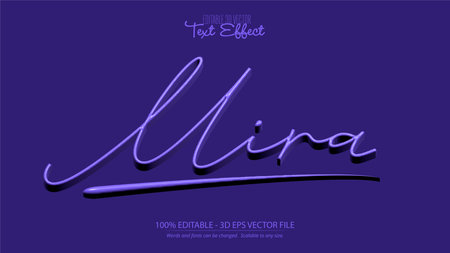 This vector file features the name Mira in elegant handwritten calligraphy with a purple neon glow effect, rendered in 3D style on a dark background. Modern and vibrant mood.のイラスト素材