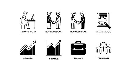 This vector file presents clean black and white icons representing remote work, business deals, data analysis, growth, finance, and teamwork concepts in a minimalist style, professional mood.のイラスト素材