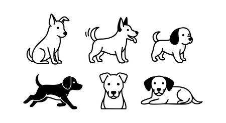 This vector features six adorable dog puppies in playful and sitting poses with simple black and white outlines, perfect for pet-related design projects and cheerful animal themes. Cheerful.のイラスト素材