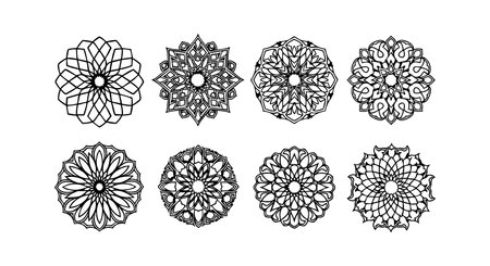 This vector image displays eight unique mandala designs featuring symmetrical floral and geometric elements, perfect for decoration, creativity, and artistic projects, rendered in black line art style, elegant.のイラスト素材