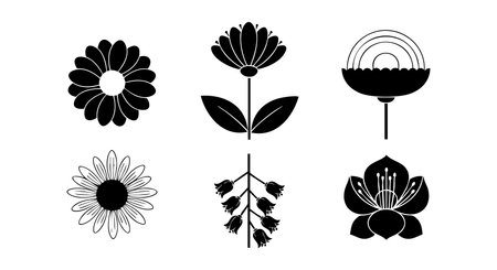 Vector illustration shows five different stylized black and white flower icons with simple petals, leaves, and decorative details suitable for nature and design projects. Calm mood.のイラスト素材
