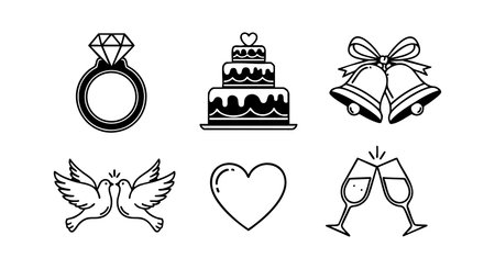 Vector collection of wedding symbols including diamond ring, tiered cake, doves, heart, bells, and clinking glasses representing marriage celebration in elegant black line style. Romantic mood.のイラスト素材