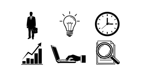 Vector business icons show man with briefcase, lightbulb, clock, growth graph, laptop use, and search magnifier, representing corporate concepts and productivity, in simple black style. Professional mood.のイラスト素材
