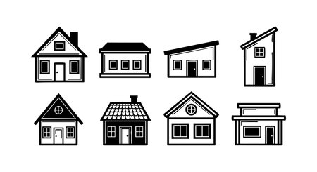 This vector features eight black and white house icons showcasing different architectural styles and roof shapes, ideal for design projects seeking minimalistic and clear home illustrations. Clean and versatile.のイラスト素材