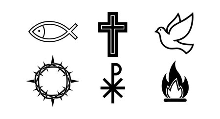 This vector set displays prominent Christian symbols including a cross, fish, dove, crown of thorns, chi rho, and fire. Each icon is clear and symbolic, evoking faith and spirituality. Calm mood.のイラスト素材