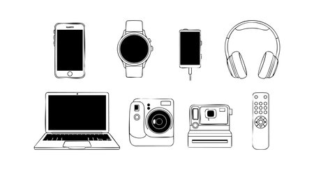 Vector image featuring electronic gadgets including smartphone, laptop, cameras, smartwatch, headphones, and remote control in black and white line style. Modern and minimalistic mood.のイラスト素材