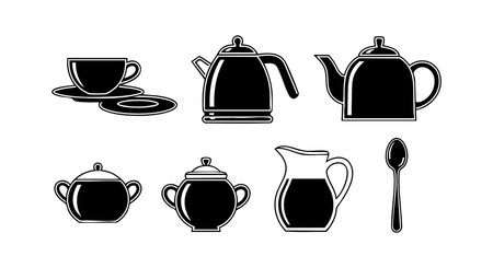 This vector shows black silhouette tea and coffee utensils including cups, kettles, sugar bowls, pitcher, and spoon. The style is simple and clear, suitable for design projects and icons. Minimalist mood.のイラスト素材