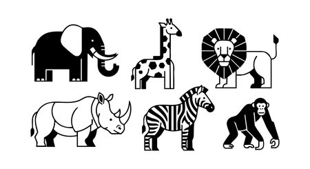 Vector set displays iconic African animals including elephant, giraffe, lion, rhinoceros, zebra, and gorilla in simple black and white design, perfect for educational or decorative use, bold and clear.のイラスト素材