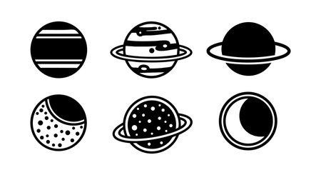 Vector set of six black and white planet icons featuring rings and moon phases, designed for space, astronomy, and science projects with a clean and minimal style. Calm.のイラスト素材