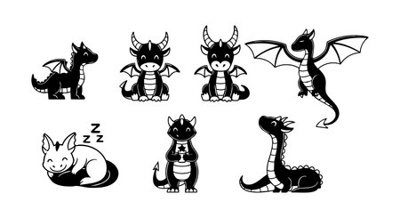 Vector image shows adorable baby dragons with playful, sleeping, and flying poses in black and white style, presenting charming fantasy creatures with clear outlines and joyful mood.のイラスト素材