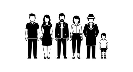 Black and white vector shows diverse family members in various clothing styles standing side by side. The simple silhouette style highlights unity and diversity, creating a calm mood.のイラスト素材