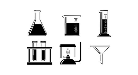 Black and white laboratory glassware icons including flask, beaker, graduated cylinder, test tubes, burner, and funnel vector illustration with clean lines and simple style, scientific mood.のイラスト素材