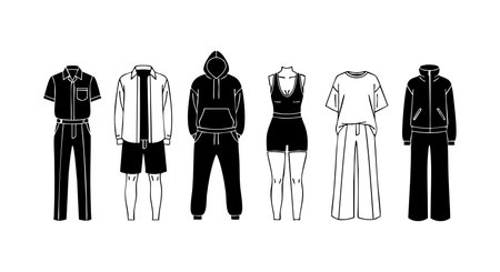 This vector illustration shows male and female clothes outfits in various styles including casual and formal wear. The black and white design highlights fashion diversity. Stylish and modern.のイラスト素材