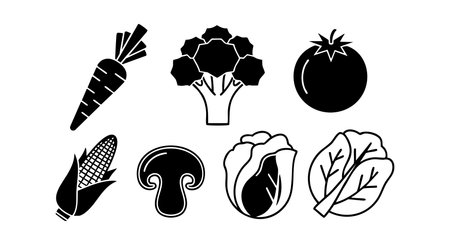 Vector image presents simple black silhouette icons of various fresh vegetables such as carrot, broccoli, tomato, corn, mushroom, cabbage, and spinach in a clean style. Minimalist and clear design.のイラスト素材