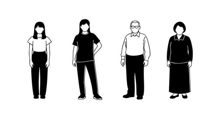 Illustration shows diverse people standing with distinct outfits including casual and traditional clothing in black and white style. The image features clear silhouettes and minimalistic design, calm mood.のイラスト素材