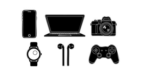 This vector illustration presents icons of common electronic devices including smartphone, laptop, camera, watch, earphones, and game controller in black silhouette style, simple and modern, clean design, minimalistic mood.のイラスト素材
