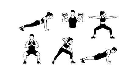 This vector shows six different fitness workout exercises demonstrating strength and flexibility using dumbbells and bodyweight training. The style is simple and dynamic, energetic.のイラスト素材