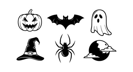 This vector illustration features iconic Halloween elements including a pumpkin, bat, ghost, witch hat, spider, and moon. The black and white design creates a spooky festive mood.のイラスト素材