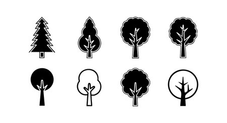 Vector set displays diverse tree silhouettes in black and white, offering simple shapes for design, nature, and environmental themes. Clean and minimalist style, flat mood.のイラスト素材