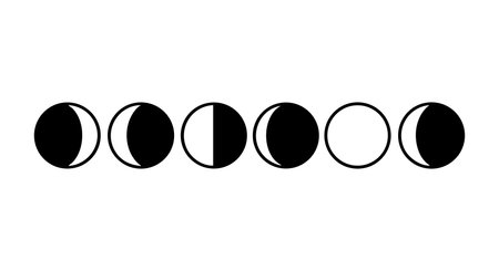 Vector illustration depicts the progression of moon phases in black and white, showing the lunar cycle clearly in a minimalistic style. Calm and educational mood.のイラスト素材