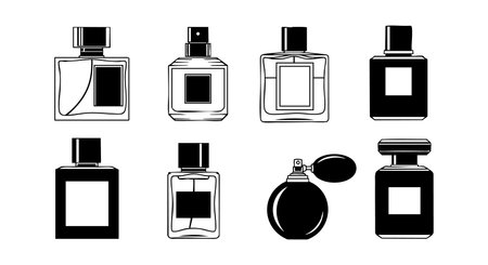 This vector file shows eight black and white perfume bottle designs featuring different shapes and spray types. It is ideal for beauty and fragrance product illustrations. Clean and stylish.のイラスト素材