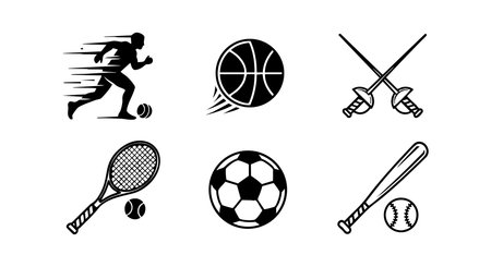 This vector collection shows black sports icons including a running soccer player, basketball, crossed fencing swords, tennis racket with ball, soccer ball, and baseball bat with ball, all simple and bold. Energetic and sporty mood.のイラスト素材