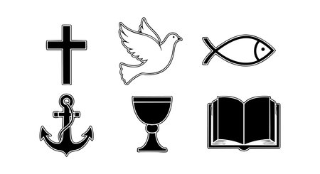 Vector illustration shows six Christian symbols including cross, dove, fish, anchor, chalice, and bible in black and white style, representing faith and religion with clear, simple design. Serene mood.のイラスト素材
