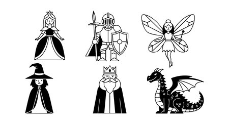 Vector illustration features six fairy tale characters including princess, knight, fairy, witch, king, and dragon in black and white style, conveying magical and fantasy themes. Charming mood.のイラスト素材