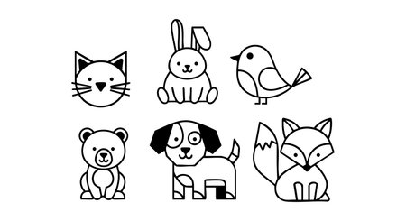 This vector features simple black line art of six cute animal faces and silhouettes including cat, rabbit, bird, bear, dog, and fox. The style is minimal and charming, playful mood.のイラスト素材