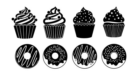 This vector image features black silhouette cupcakes and donuts with various toppings, ideal for bakery or dessert design projects, presenting a clean and simple style. Cheerful and sweet.のイラスト素材