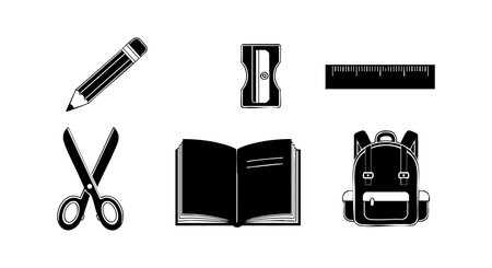 Vector icons depict essential school supplies including a pencil, sharpener, ruler, scissors, open book, and backpack in black and white style for education themes. Simple and clear design creates a practical and organized mood.のイラスト素材