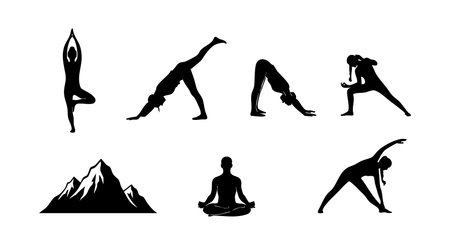 This vector features black silhouettes of yoga poses combined with a mountain landscape symbolizing balance and mindfulness. It conveys calmness and focus in a minimalist style. Relaxed mood.のイラスト素材