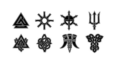 Illustration displays a collection of black Viking and Nordic ancient symbols and runes in vector format, showcasing cultural heritage with sharp lines and bold shapes. Mysterious and historical.のイラスト素材
