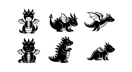 This vector file features six adorable black cartoon dragons in playful and dynamic poses, perfect for children's books and fantasy-themed projects. Charming and whimsical mood.のイラスト素材