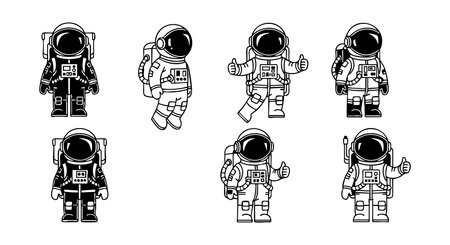 This vector features seven astronauts in detailed spacesuits showing various standing and thumbs-up poses, rendered in black and white line art style, conveying exploration and optimism.のイラスト素材